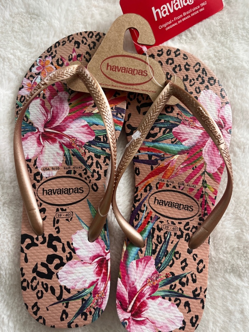 Havaianas Floral & Leopard Print Flip Flops with Rose Gold Straps